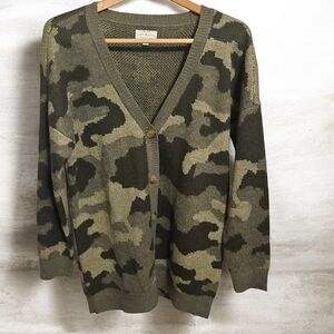 Lucky Brand Camo Cardigan Sweater Green Large Wool Blend